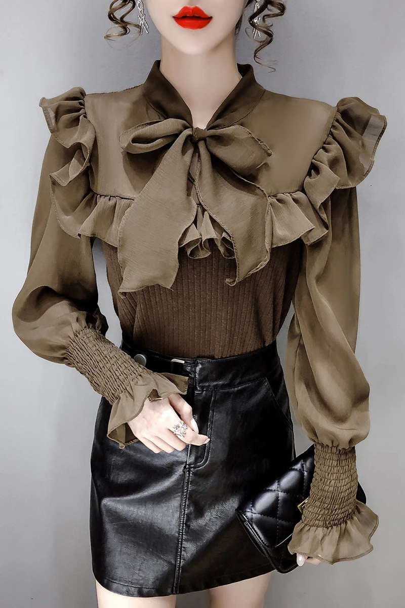

Chiffon Blouse Knitted Shirt Women Spring 2021 Elegant Office Ladies Bow Stitching French Retro Ruffled Sleeve Long Sleeve Tops