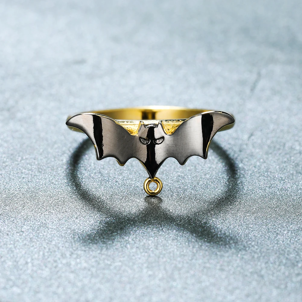 

Punk Female Black Enamel Bat Jewelry Charm Yellow Gold Color Engagement Rings For Women Vintage Wedding Band Halloween Gift