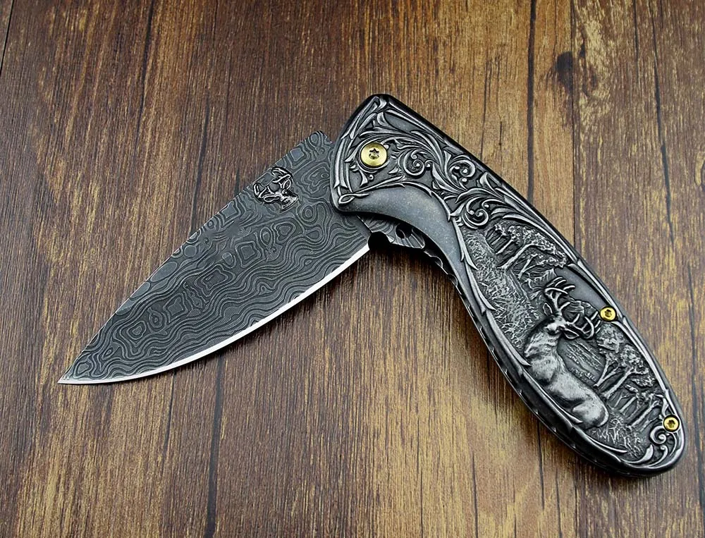 Tactical Folding Blade Utility Knife - Stonewash 3d Deer Engraved Collection |