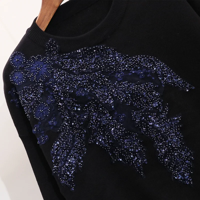 

2020 Winter Women Embroidery Flower Long Sleeve Sequin Sweaters Casual Pants Two Piece Student Knitted Tracksuit Ladies Clothing
