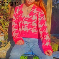 bold shade houndstooth button oversized cardigans 2000s aesthetic knitted long sleeve indie sweaters women vintage fashion tops