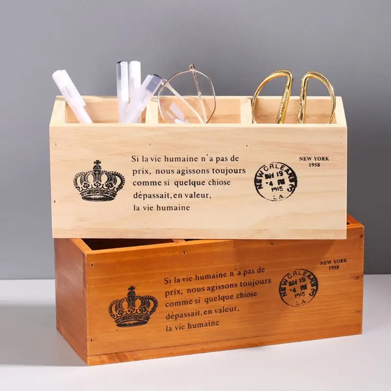 

Rectangular Retro Wooden TV Remote Control Pen Phone Holder 3 Grid Stand Organizer Rack Case Box Storage E56C