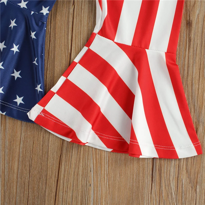 

Newborn Girls Independence Day Outfit 3Pcs ,Fashion Solid Color Spaghetti Straps Romper + Star Stripe Flare Trousers