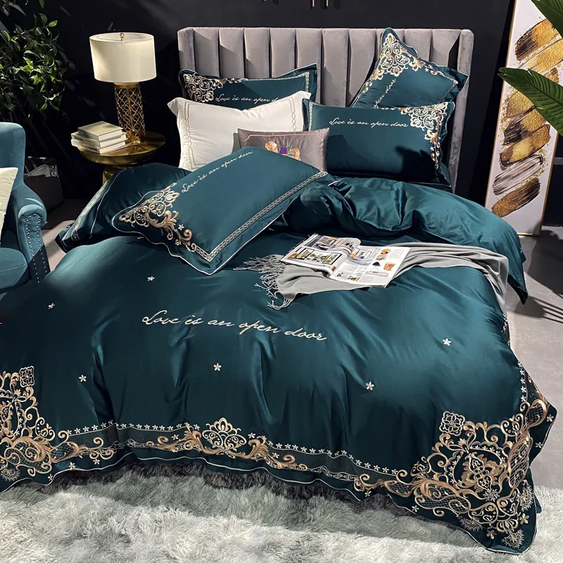 Элегантное постельное белье с вышивкой Синий Комплект постельного белья