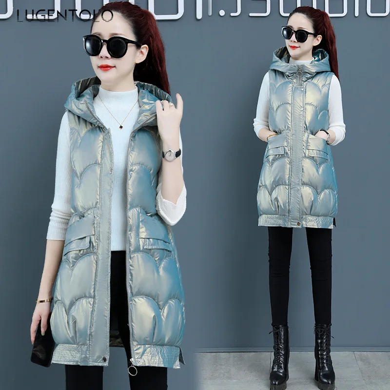 

Жилет с капюшоном, Женская куртка-пуховик без рукавов, Осень-зима, корейский однотонный прямой Женский Повседневный модный телефон