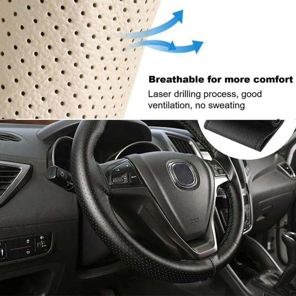 

Black 37-38 Cm DIY Car Style PU Leather Car Steering Wheel Cover With Needle And Internal Thread