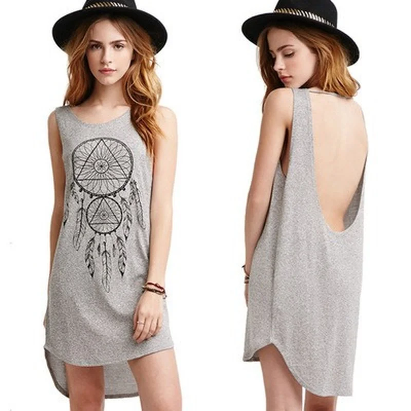 

High quality sexy halter front short back long totem printing personality casual sleeveless fashion vest female dress