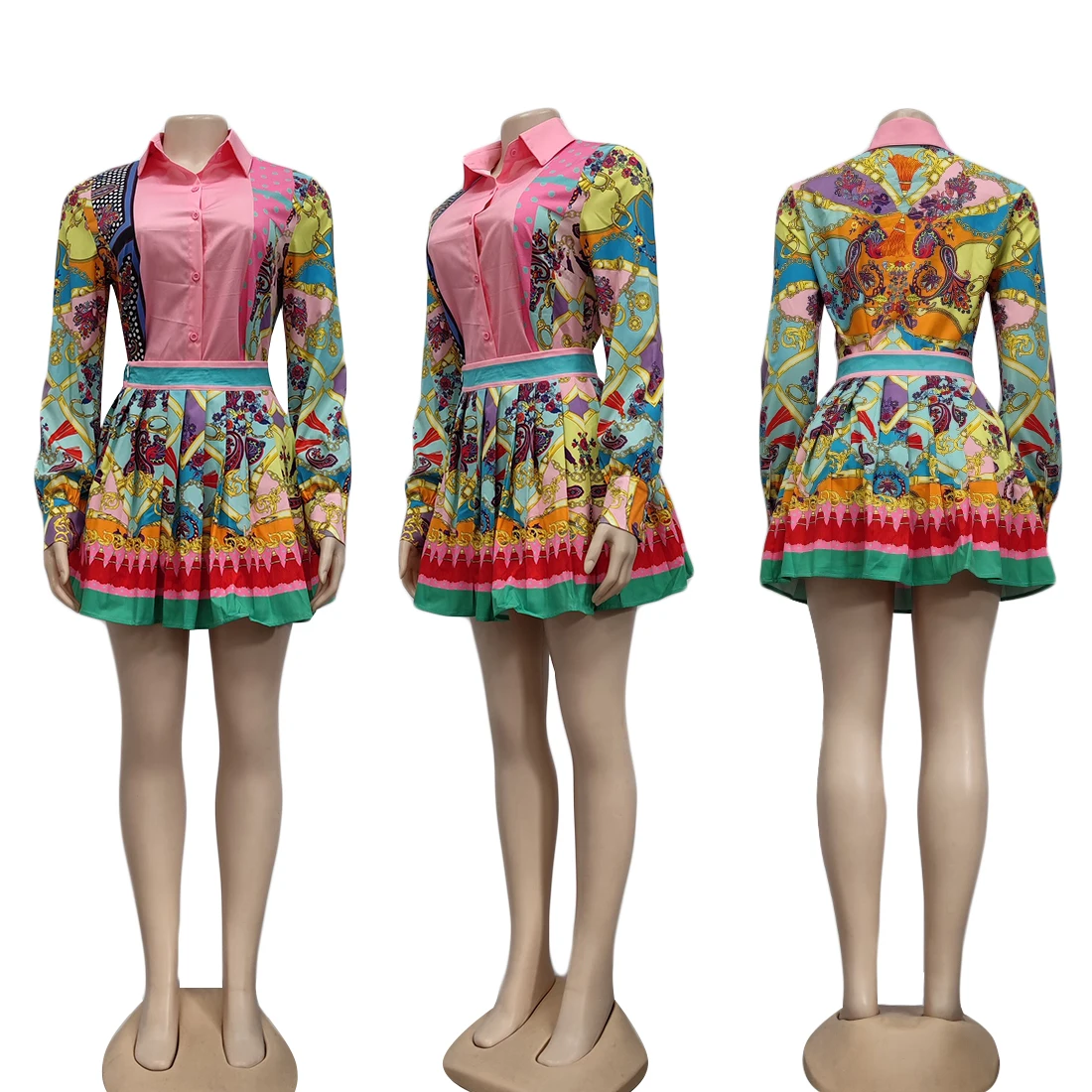 

2021 Spring Fashion Temperament New Exotic Print Lapel Puff Sleeve Shirt Female High Waist Slim Slim Skirt Suit C597