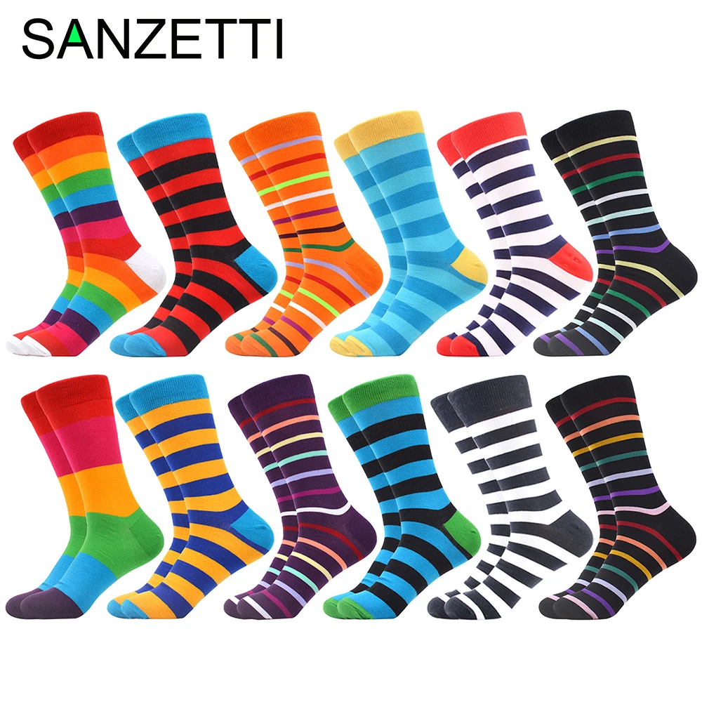 SANZETTI 2020 12 пар/лот забавные мужские Разноцветные хлопковые носки в радужную