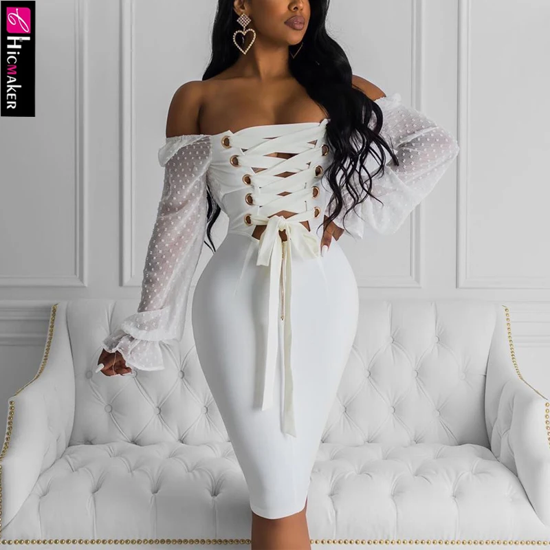 Женское облегающее платье в горошек со шнуровкой и завязками белое с длинным