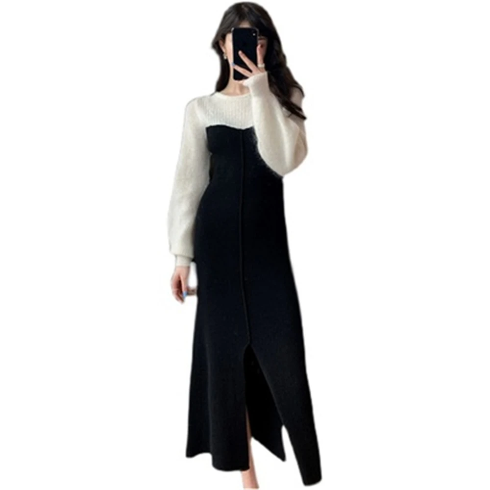 

Новинка 2022, весенне-осеннее женское платье, женские вязаные длинные платья в стиле пэчворк, зимнее женское облегающее платье, Модный женский свитер, пуловер