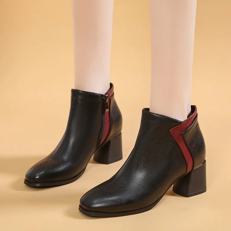 

Women Side Zipper Boots 2021 Winter Black Red Warm Comfortable Mid Heel Ankle Boots Fashion Shoes Woman Short Botas Femininas