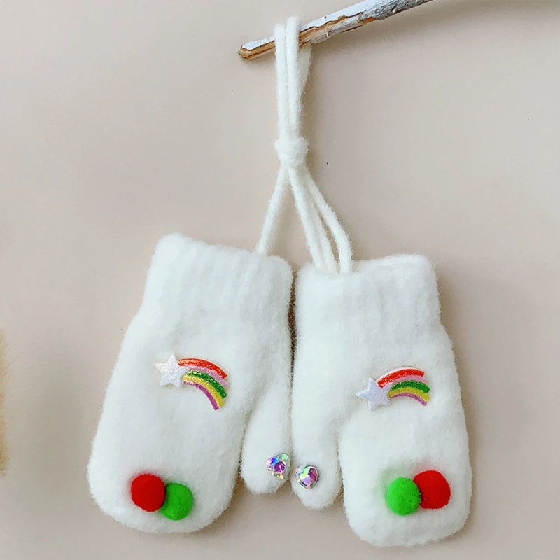 

Toddler Baby Kids Winter Knitted Gloves Cartoon Rainbow Star Pompom Decor Plush Lined Mittens Hand Warmer with String