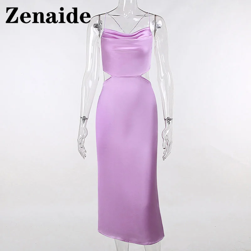 

Zenaide Satin Elegant Bandage Bodycon Dress Women Purple Sexy Backless Sleeveless Red Spaghetti Strap Party Dresses Summer Beach