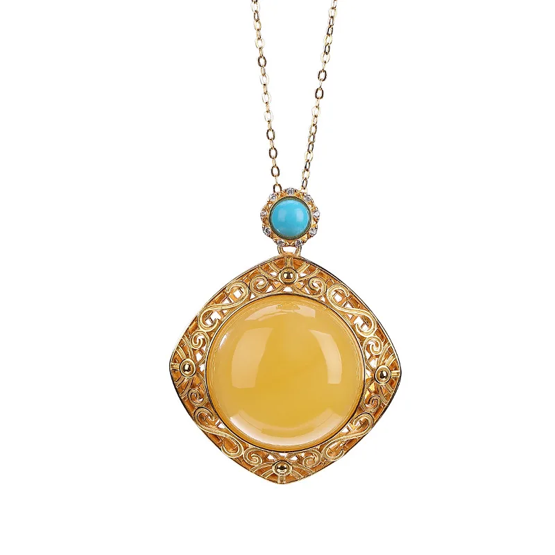 

S925 sterling silver gold-plated natural beeswax turquoise pendant light luxury hollow pattern lady geometric pendant