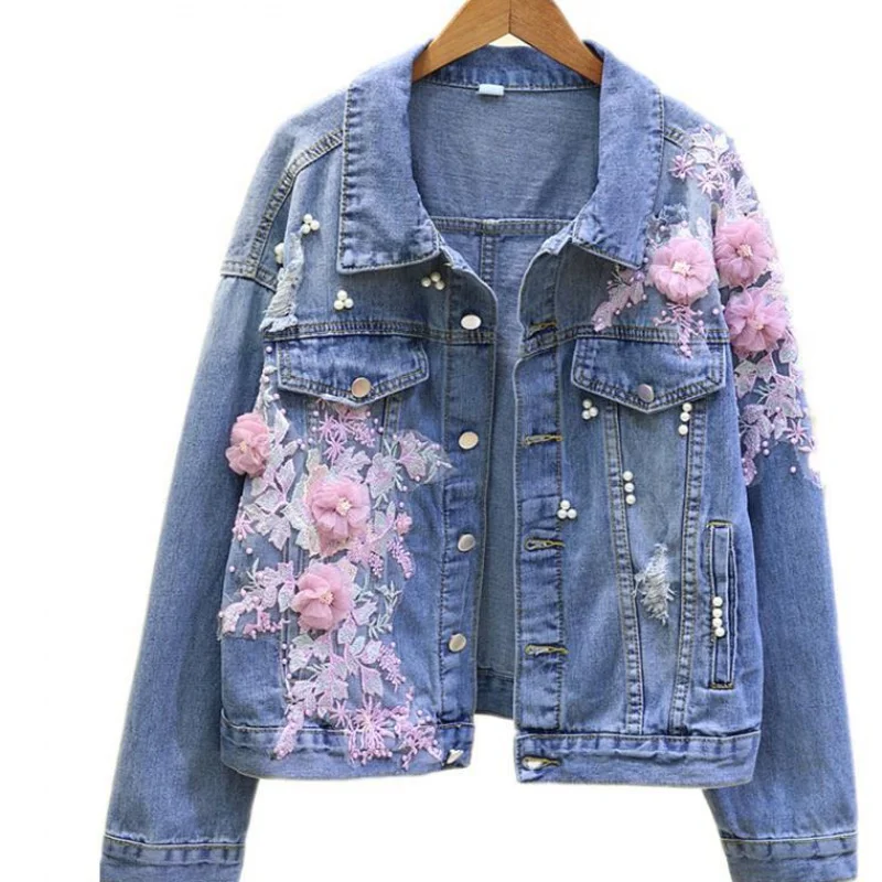 

Женская джинсовая куртка с вышивкой, повседневная куртка из розового денима с объемным бисером и дырками, 2023
