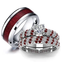 fashion couple rings women heart white crystal cz rings set mens red wood inlay stainless steel ring wedding band jewelry