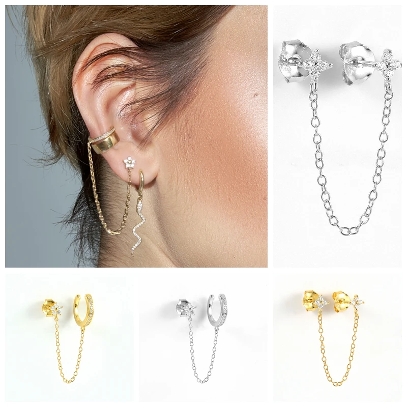 

CANNER 925 Sterling Silver Earrings Petals/Stars with Crystal Delicate Jewelry Chain Stud Earrings For Women Anniversary Gift