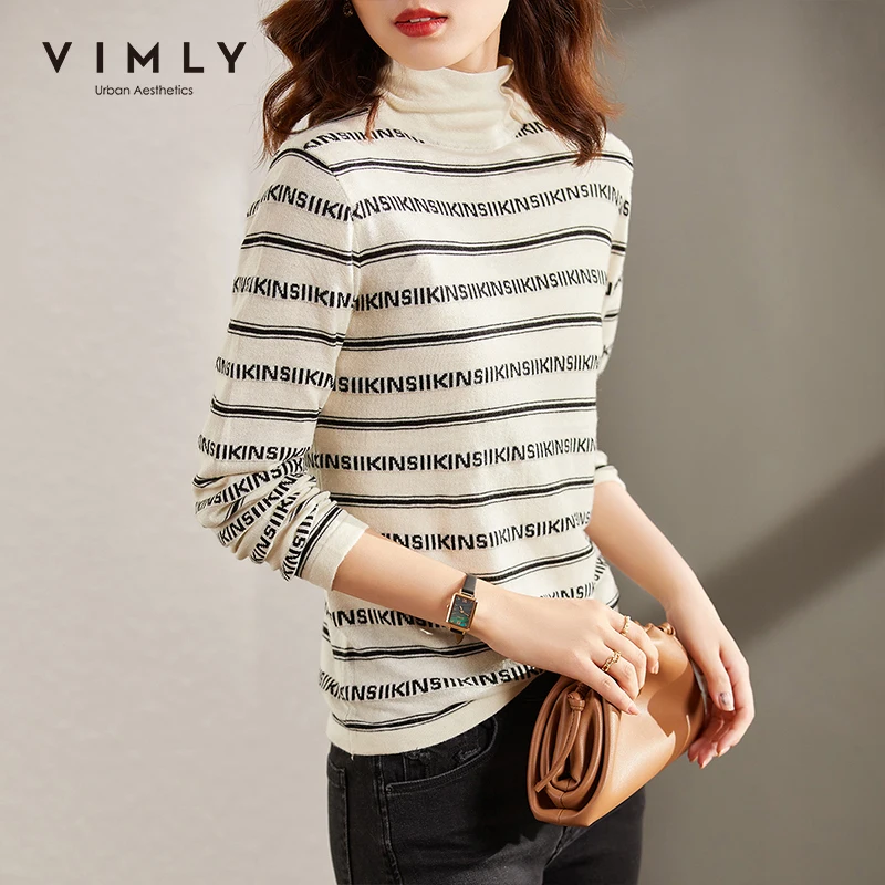 

VIMLY Elegant Women's Knitted Tshirts Fashion Turtleneck Long Sleeve Striped Slim 2021 Autumn Clothing Female Pullovers F9517