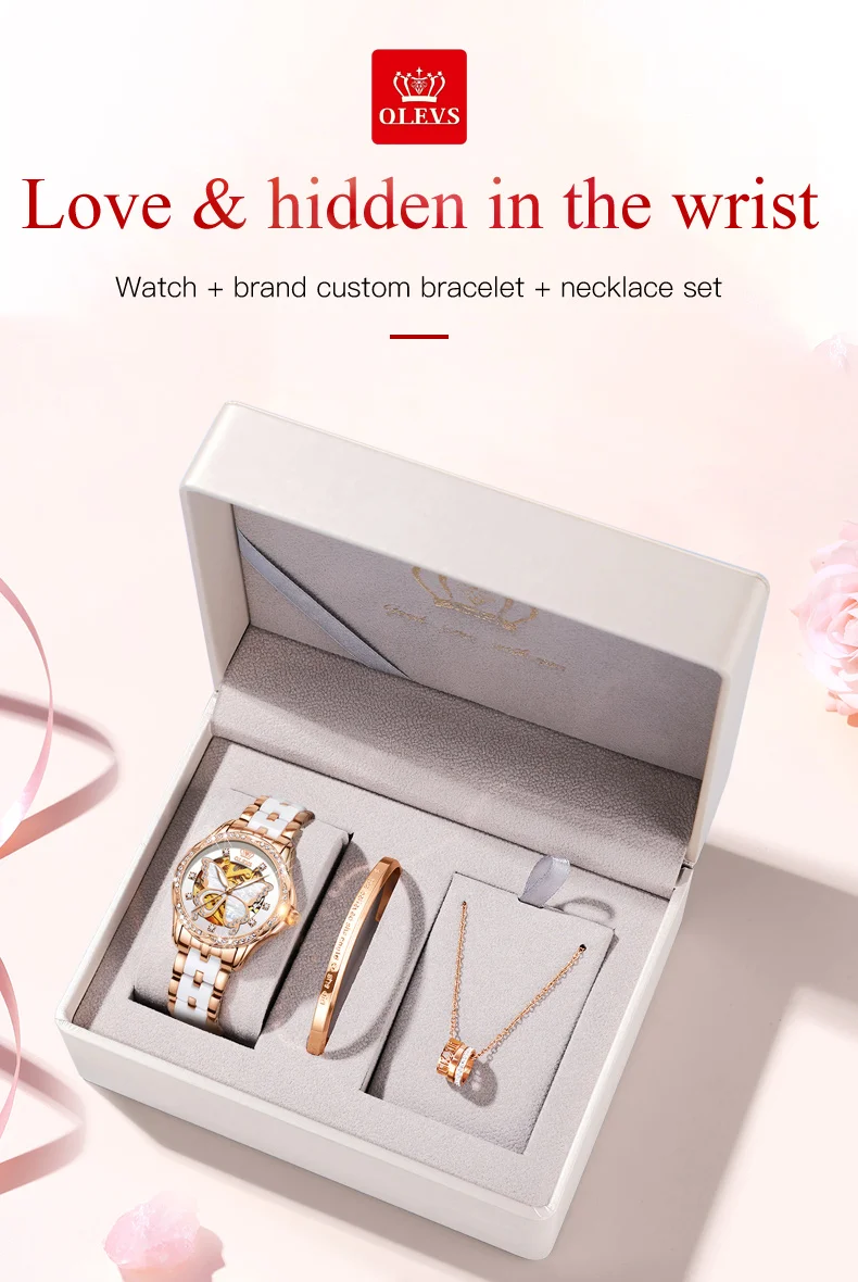 Presentes do Dia dos Namorados Automático para Mulher Mecânica de Aço Relógio das Senhoras Olevs Relógio Borboleta Dial Luxo Inoxidável Cerâmica 6622 3 High Quality Relógios