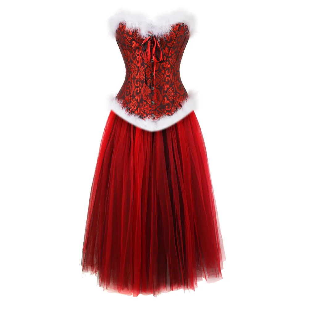 Sexy Red Corset Set Overbust Bustier With Long Skirt White Fur Decoration Gothic Gorset Jacquard Floral Corselet Christmas Santa