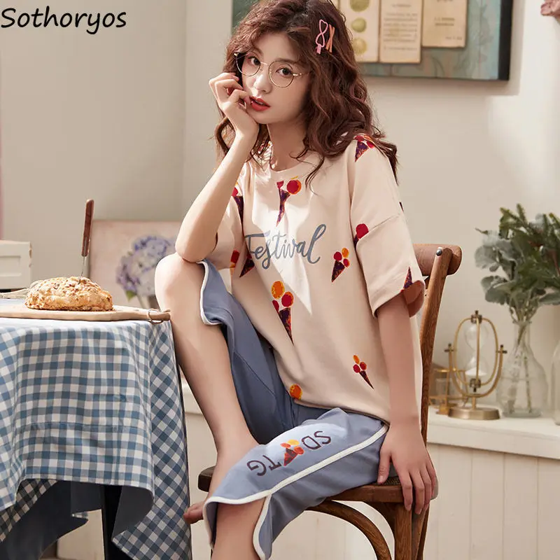 

Pajama Sets Women Short Sleeve Plus Size 4XL Stretchy Cozy Stylish Trendy Calf-length Pants Sleepwear Casual Kawaii Print Korean