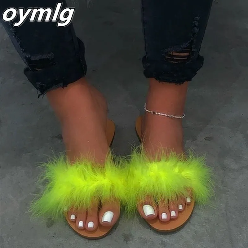 Меховые тапочки на плоской подошве Пикантная обувь меху Обувь С открытым носком