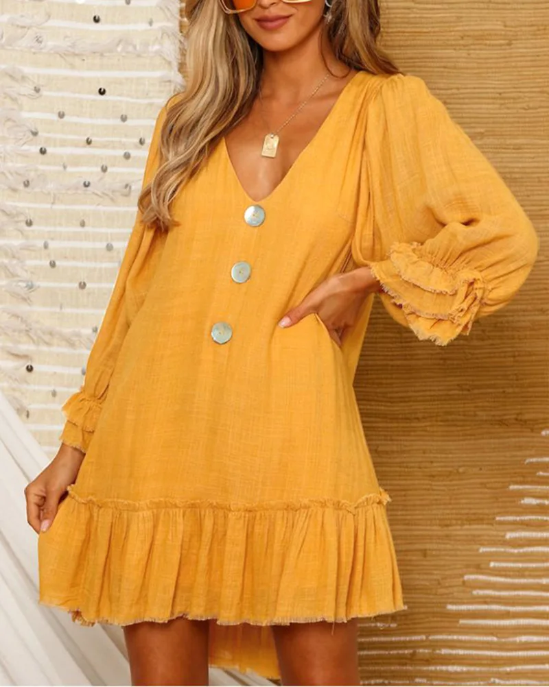 

BAMBOOBOY Women Autumn Vintage Long Sleeve Buttons Solid Color Party Holiday Casual Loose Linen Mini Dresses Vestidos FC540