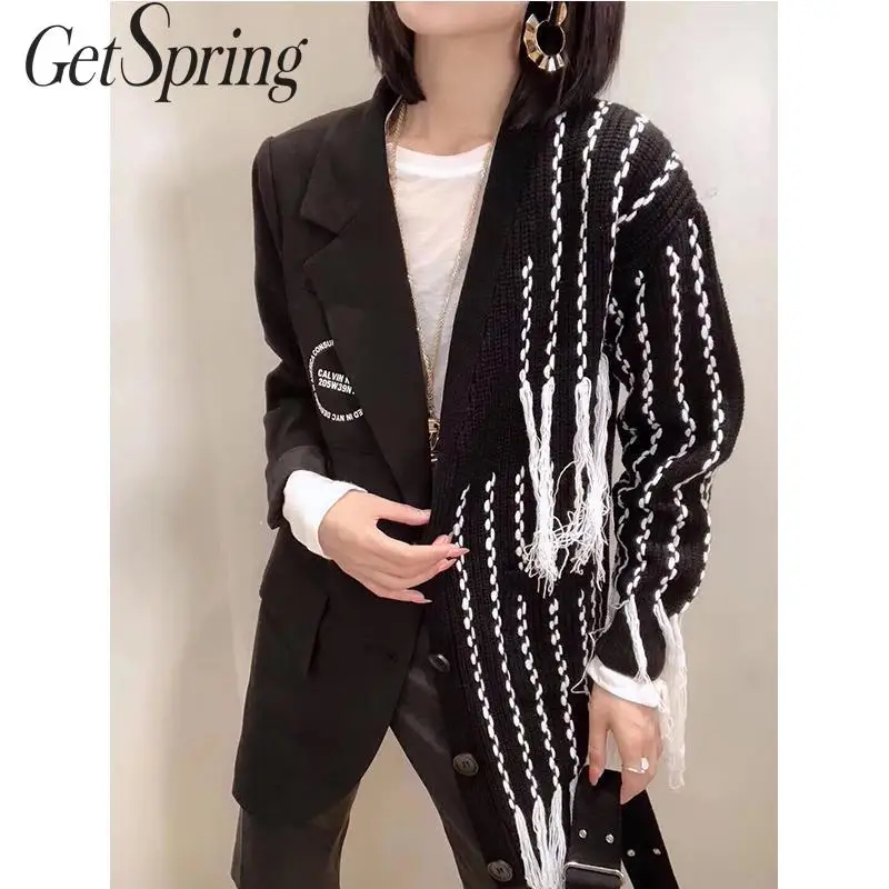 GetSpring женский Однобортный блейзер с длинным рукавом Женский пальто вязаный