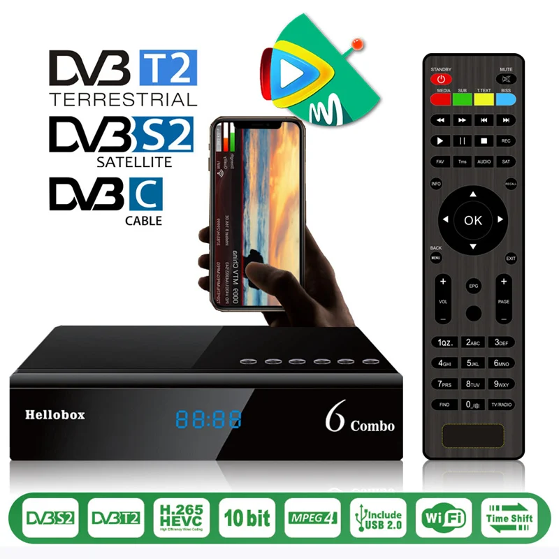 DVBPlayer H265 спутниковый ресивер наземный декодер dvb t2 DVB-S2X/S2 DVB-T2 ТВ-приставка DVB-C HEVC 10 бит рецептор Hellobox 6 комбо - изображение