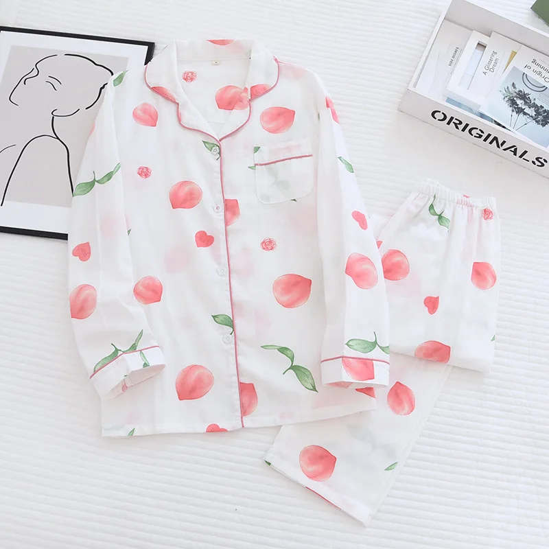 Spring/summer New Pajamas Set Women Pure Cotton Gauze Long Sleeve Peaches Pajamas Set for Ladies Soft Thin Comfortable Home Wear