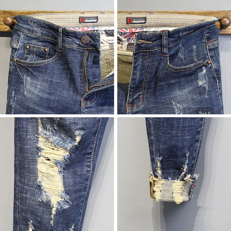 

Wholesale 2020 Fashion No ironing low waist washing raw edge pants slim feet pants men's spring ripped holes ankle length jeans