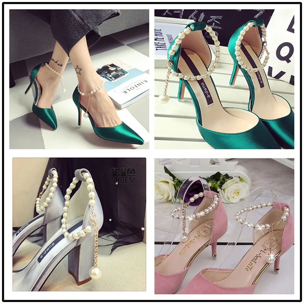 Женские шнурки с жемчугом Нескользящие на высоком каблуке без завязывания