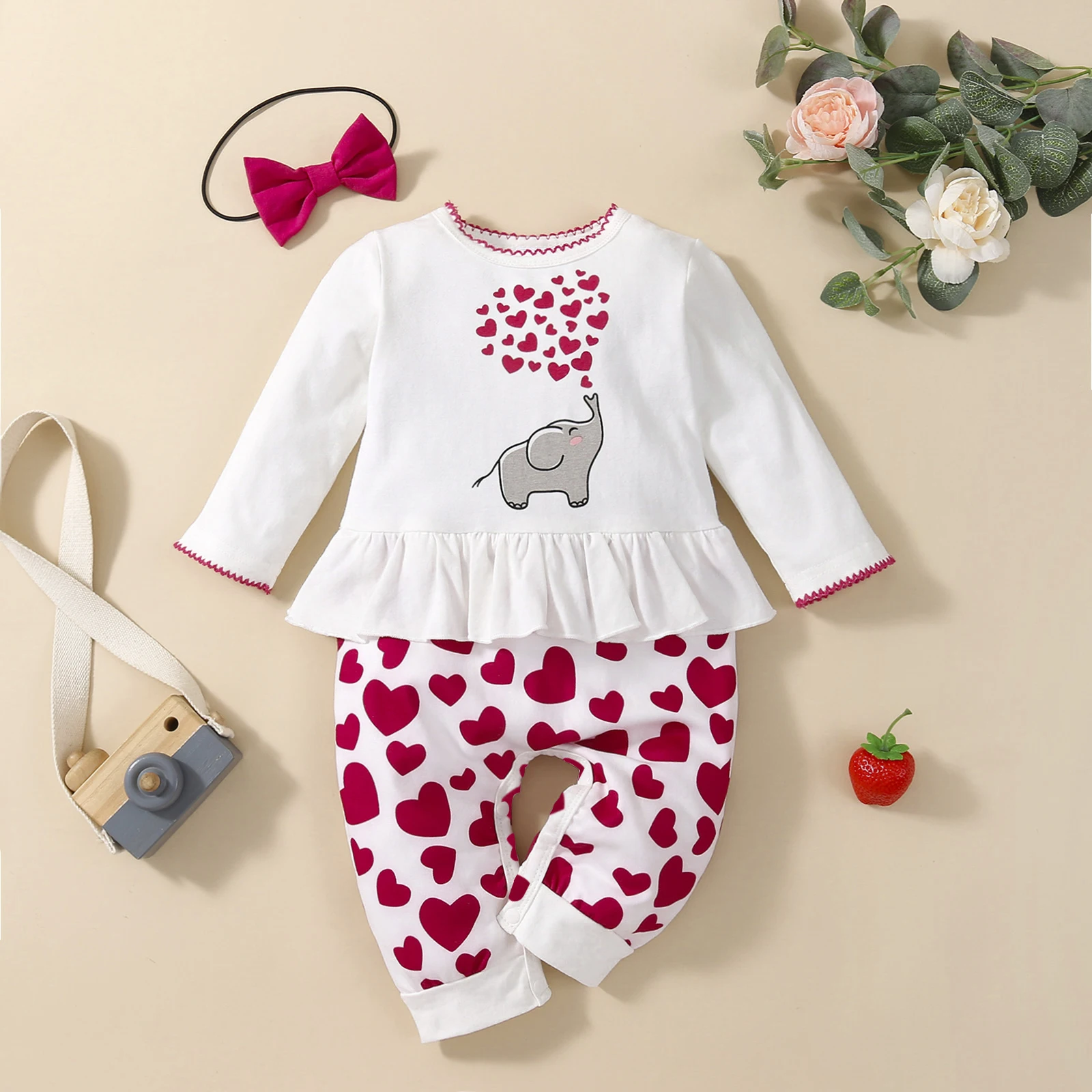 

Newborn Kids Baby Girls Cute Romper Jumpsuit Elephant Love Heart Print Long Sleeve Bodysuit Casual Fall Clothes