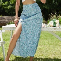 summer women fashion floral casual high waist split a line skirts 2021 elegant sexy slim vacation female mid length skirt boho
