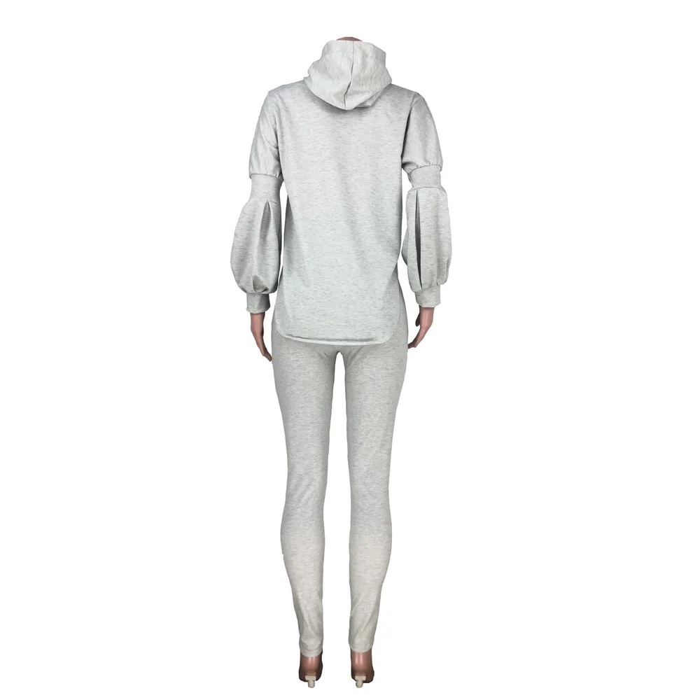 

2021 Tracksuit Women Side Split Lantern Sleeve Hooded Pullover+slim Fit Long Legging Autumn Solid Activewear Two Piece Tracksuit