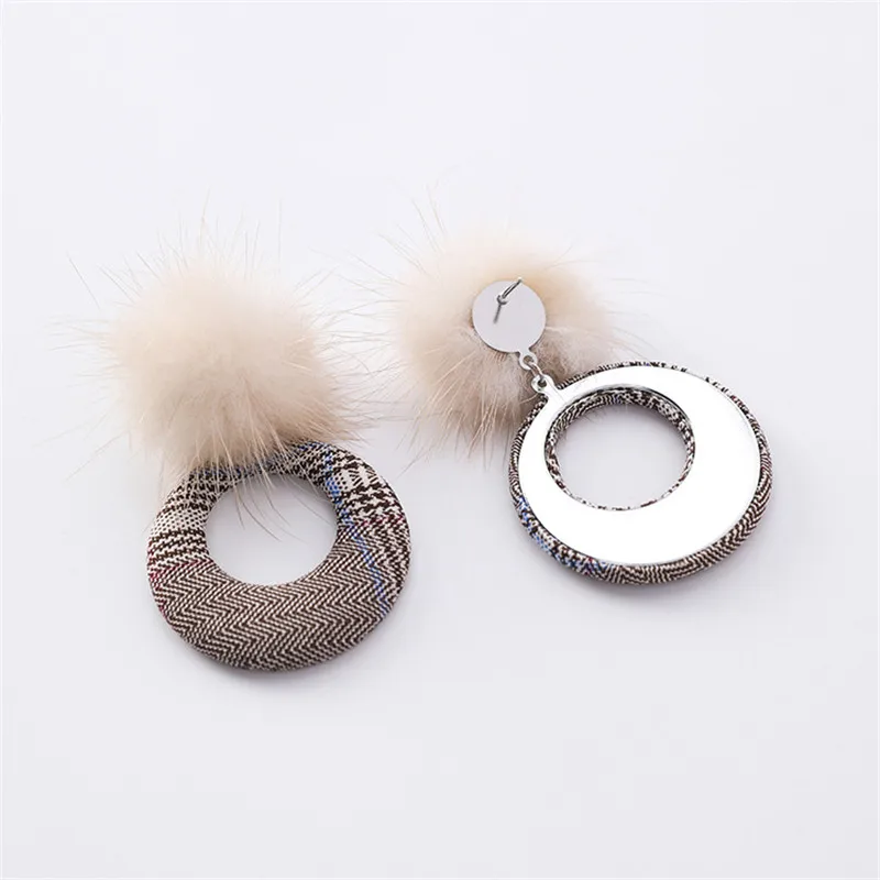 Шарик из меха норки, в клетку, Круглый Круг, милый, осень, зима, новые женские, девичьи, корейские сережки-шпильки, японская мода, Jewelry-LAD5-W3