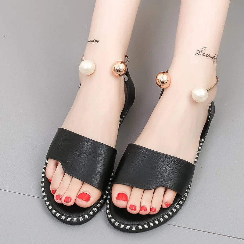 

2021 New Pearl Women Sandals Flip Flops New Summer Fashion Slip-On Breathable Non-slip Shoes Woman Slides Solid Casual Female