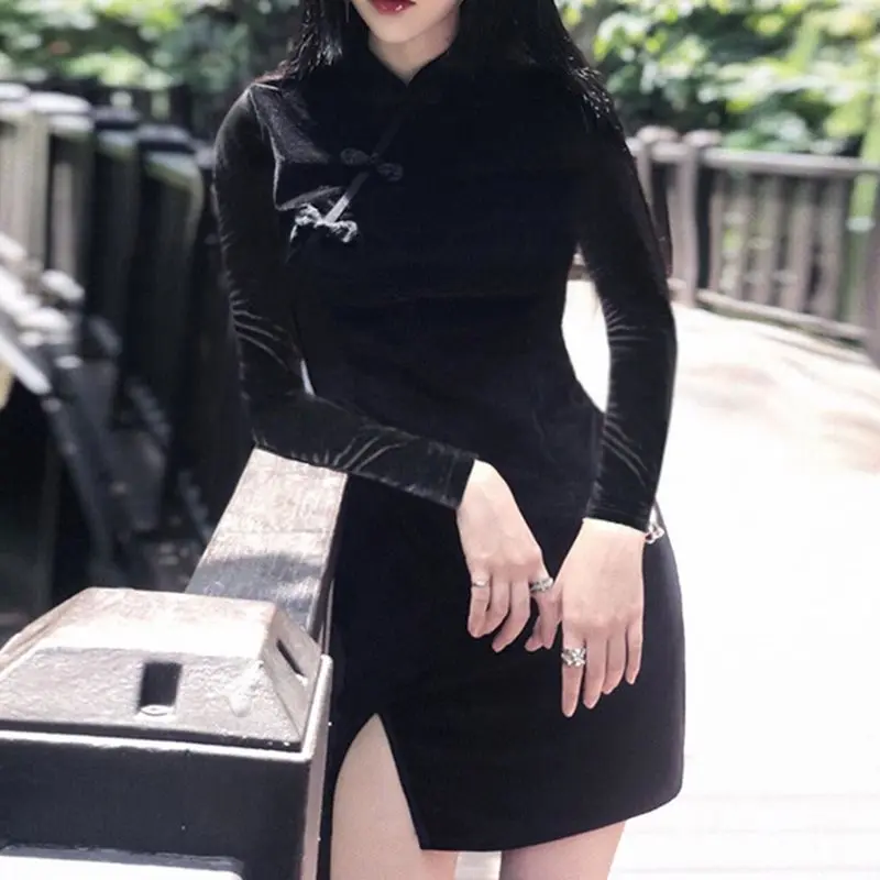 Готическое винтажное сексуальное черное платье Чонсам облегающее женское в