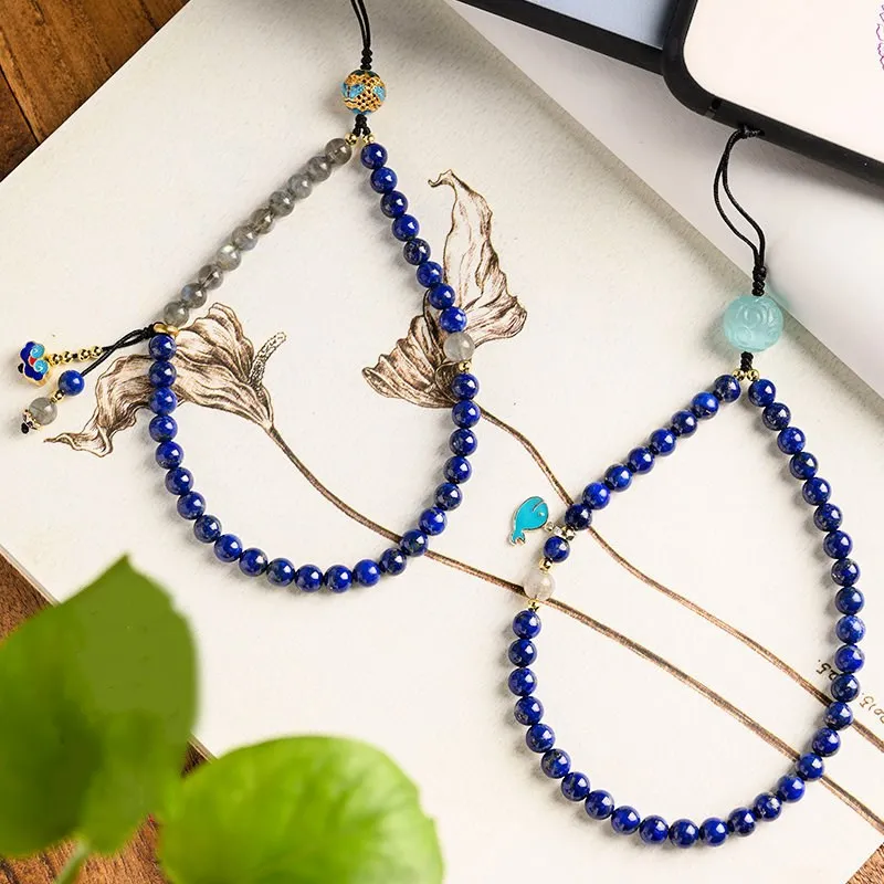 

Original DIY cute lanyard Chinese style natural lapis lazuli mobile phone lanyard chain 6mm pendant moonstone short phone chain