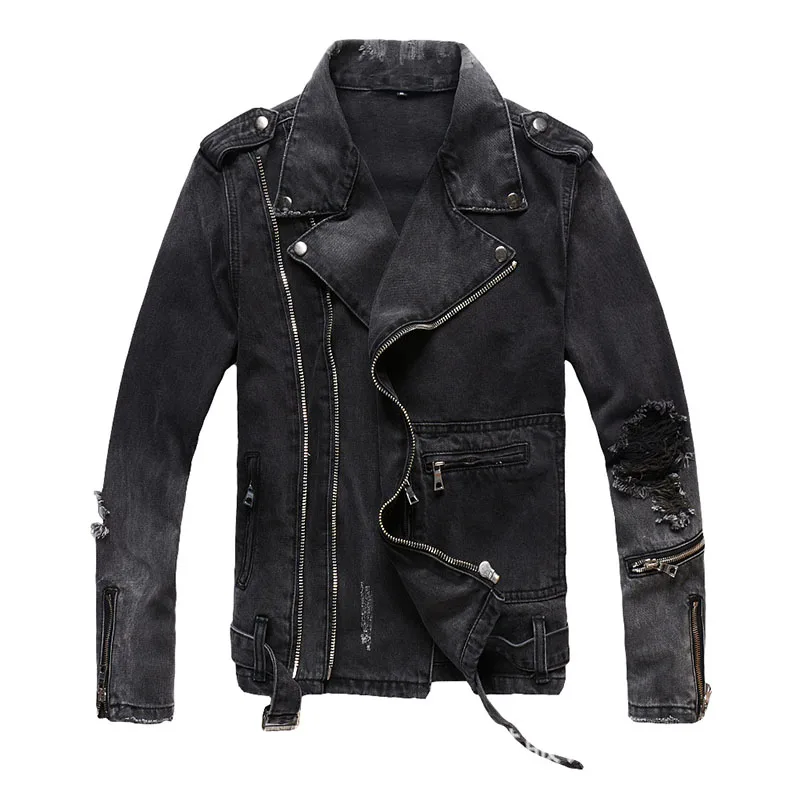

High Street Men's Punk Style Ripped Denim Jackets And Coats Zipper Pockets Classic Outwear Tops For Male Black Color