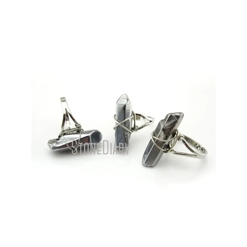 RM13001 10Pcs Wire Wrapped Sliver Plated Polishing Faceted Pillar Ring Titanium Silver White Quartz Adjustable | Украшения и