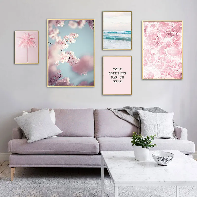 

Scandinavian Poster Nordic Landscape Wall Art Canvas Painting Cherry Blossom Flower Picture Pink Ocean Print Living Room Decor