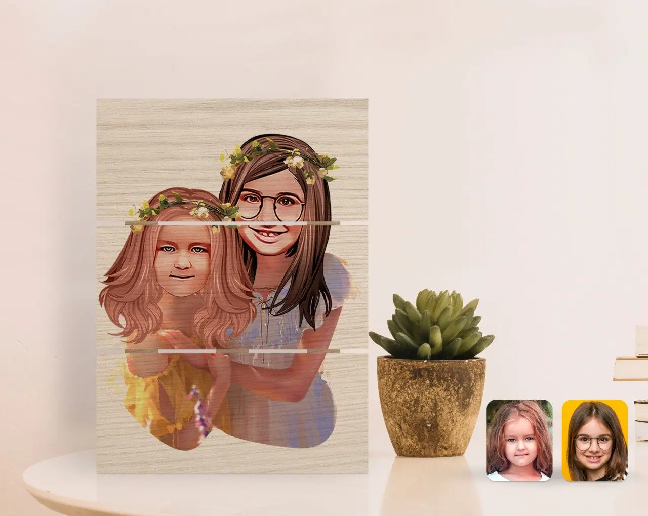 

Персонализированная карикатура сестер подлинных настольных деревянных поддонов e-e-2