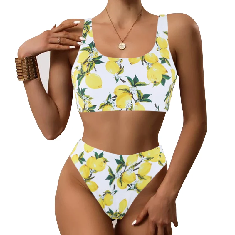 

Lemon Prints Scoop Neck High Waisted Bikini Sets For Women's Two Piece Push Up Swimsuits 2022 Hot Sale Swimwear Bathign Suit