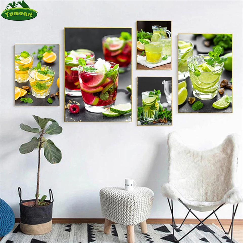 

Nordic Crimson and Lime Mojito Fresh Citrus Cocktail Prints Poster Afternoon Tea Cup Wall Canva Painting Fruit Living Room Decor
