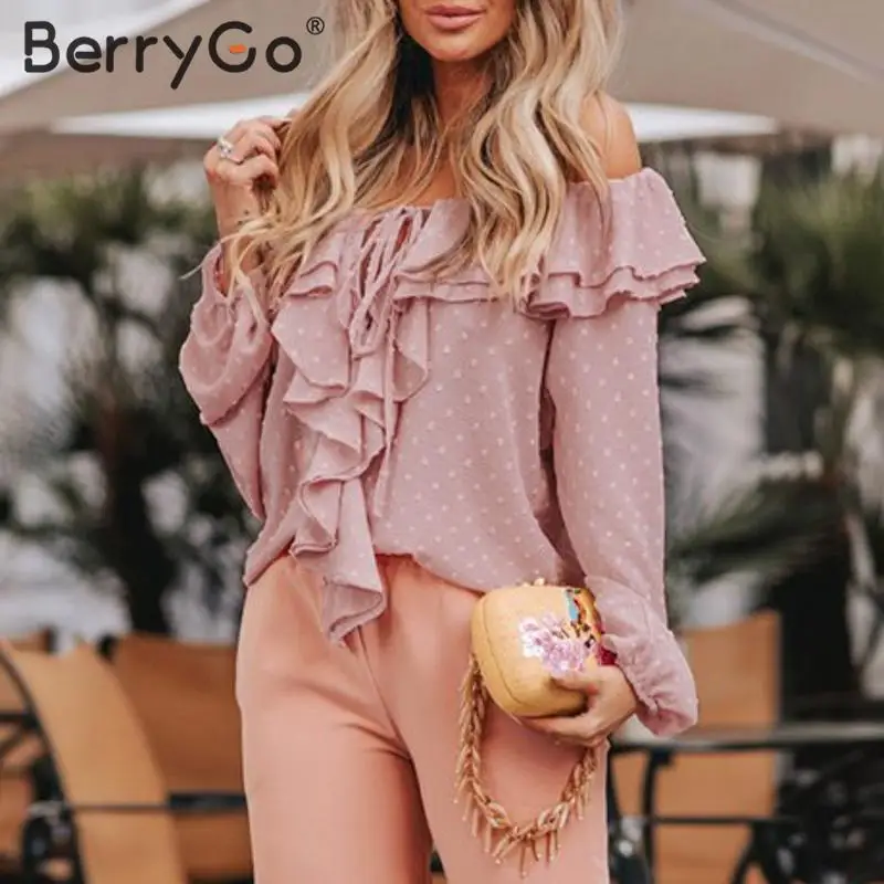 Женская блузка с открытыми плечами BerryGo элегантная Праздничная оборками