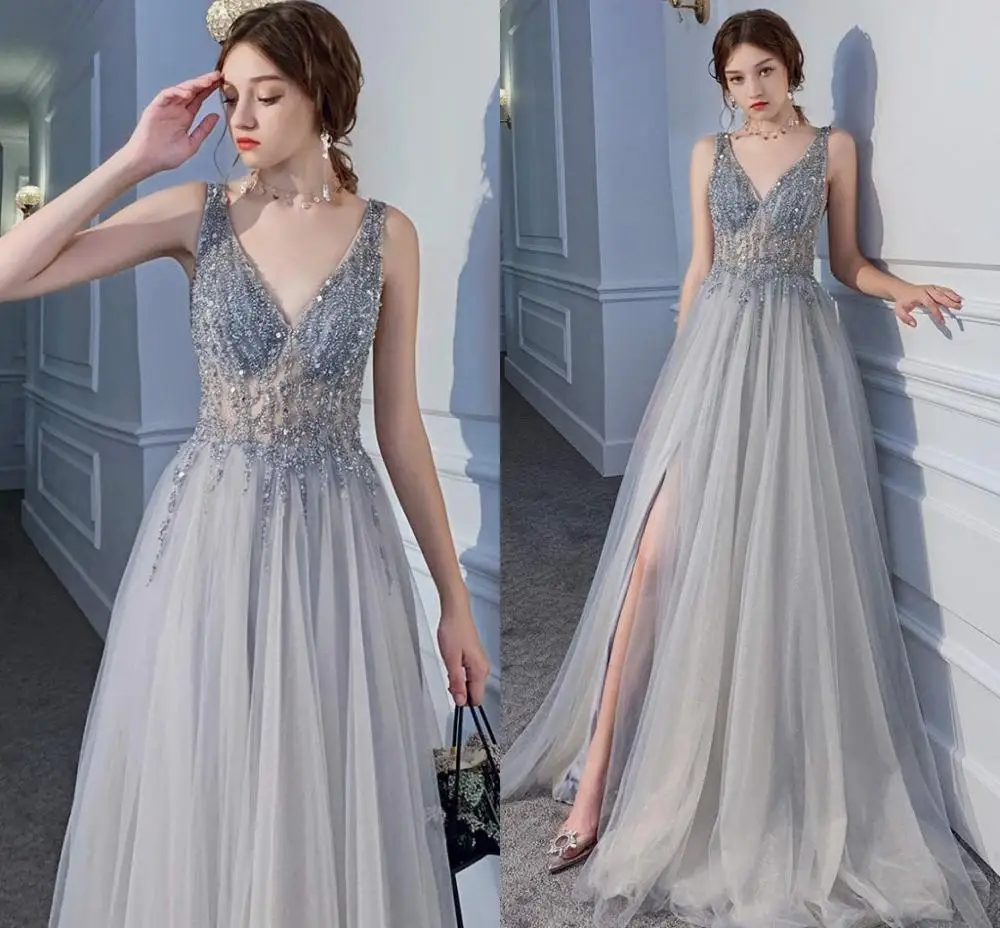 Сексуальное длинное вечернее платье с V-образным вырезом и Боковым Разрезом