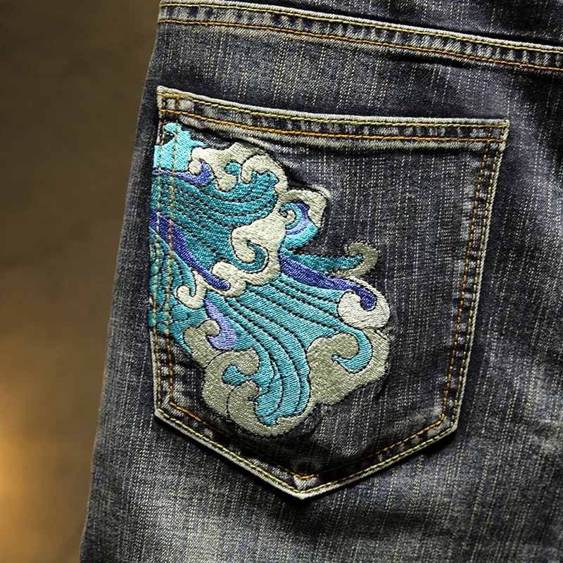 Мужские прямые джинсы в стиле хип-хоп с вышивкой дракона черные японский