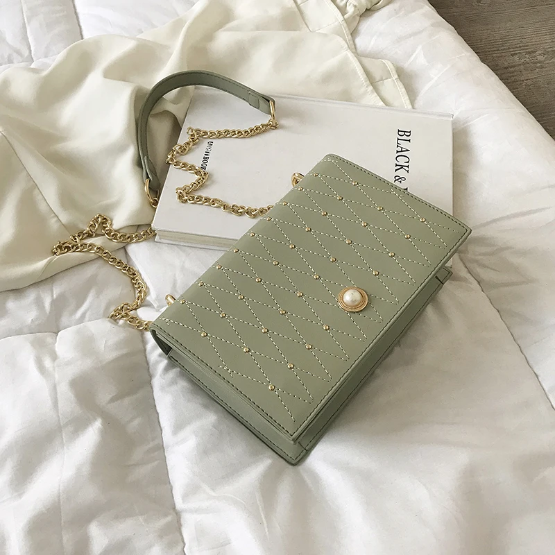 2019 ПУ кожа заклепки дизайн сумки на плечо для женщин маленькая цепь кошелек сумка